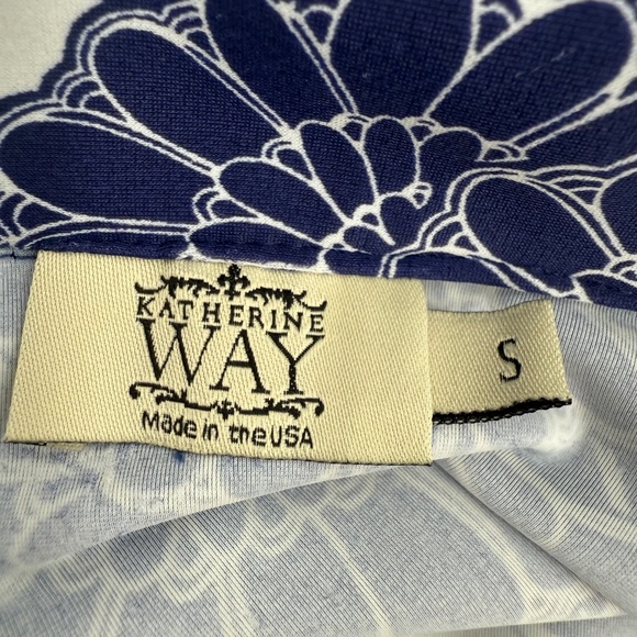 Katherine Way Top Women Small Blue White V Neck 3/4 Sleeve Swim Resort Stretch - Picture 7 of 11